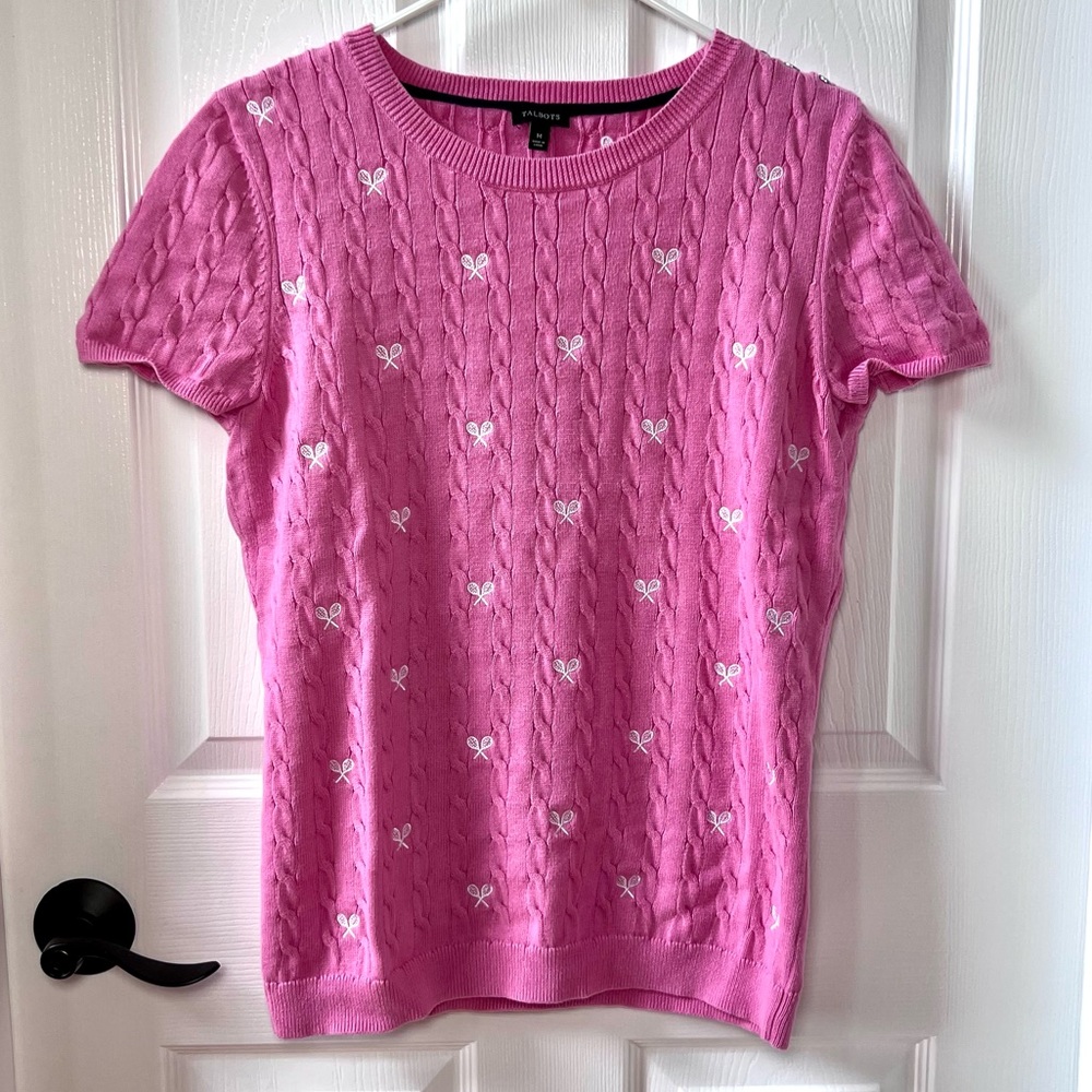 ⭐️ Talbots pink cable knit pullover sweater white embroidered tennis rackets M
